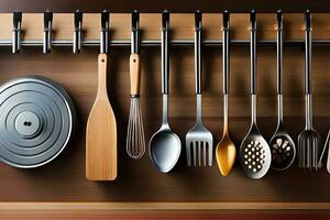 a rack with many different utensils hanging on it. AI-Generated photo