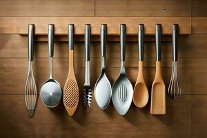 a rack with several utensils hanging on it. AI-Generated photo