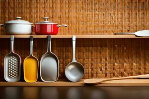 kitchen utensils on a shelf. AI-Generated photo