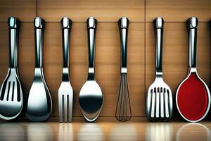 a row of kitchen utensils are lined up on a shelf. AI-Generated photo