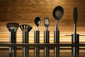 a group of kitchen utensils are on a shelf. AI-Generated photo