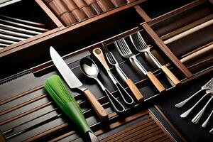 a drawer filled with utensils and knives. AI-Generated photo