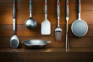 a group of different utensils hanging on a wall. AI-Generated photo