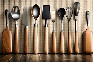 a group of different utensils are lined up on a table. AI-Generated photo