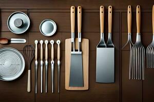 un cocina utensilio conjunto en un de madera mesa. generado por ai foto