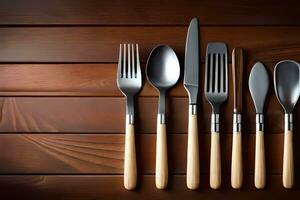 six forks and spoons arranged on a wooden table. AI-Generated photo