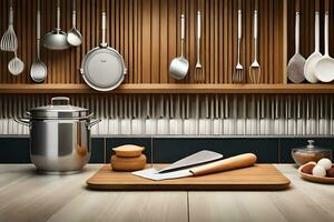 kitchen utensils on a wooden cutting board. AI-Generated photo