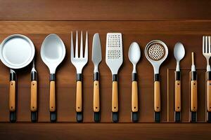 a collection of utensils on a wooden table. AI-Generated photo