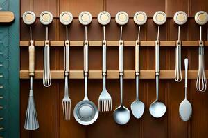 a wooden wall with many different utensils hanging on it. AI-Generated photo