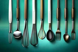 a collection of utensils on a green background. AI-Generated photo