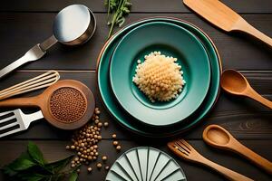 varios utensilios y comida artículos en un de madera mesa. generado por ai foto