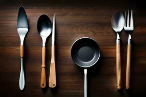 a set of silverware on a wooden table. AI-Generated photo