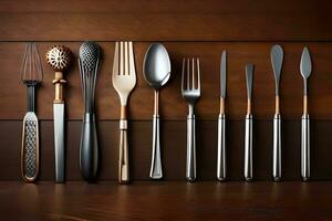 a collection of silverware on a wooden table. AI-Generated photo