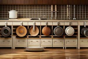 a kitchen with pots and pans on shelves. AI-Generated photo