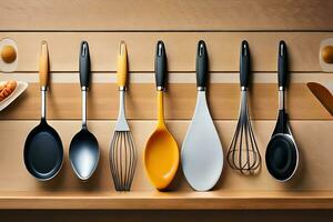 a group of utensils are lined up on a shelf. AI-Generated photo