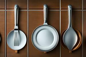 a row of four different utensils hanging on a wall. AI-Generated photo