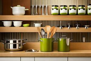 cocina estantería con verde y blanco ollas y sartenes generado por ai foto