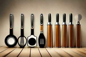 a group of kitchen utensils are lined up on a wooden surface. AI-Generated photo