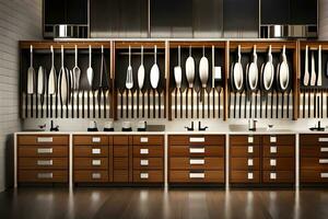 kitchen utensils in a wooden cabinet. AI-Generated photo