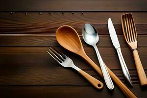 a wooden table with utensils and spoons. AI-Generated photo