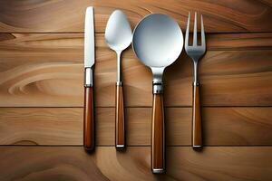 cuatro tenedores y cucharas en un de madera mesa. generado por ai foto