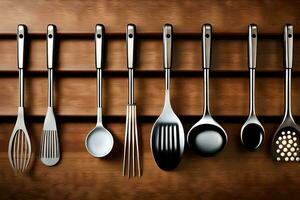 a row of different utensils on a wooden shelf. AI-Generated photo