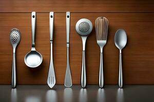 a group of silver utensils on a wooden surface. AI-Generated photo