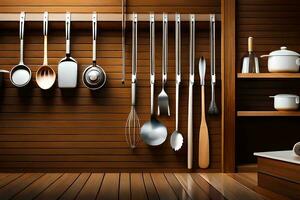 cocina utensilios colgando en un pared en un de madera habitación. generado por ai foto