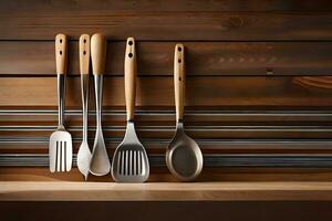 kitchen utensils on wooden shelf. AI-Generated photo