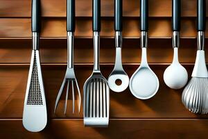 kitchen utensils on wooden shelf. AI-Generated photo