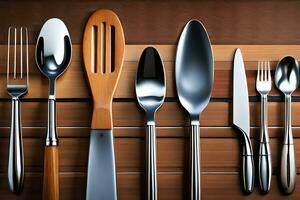 a collection of silverware and utensils on a wooden table. AI-Generated photo