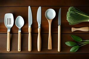 a group of utensils on a wooden table. AI-Generated photo
