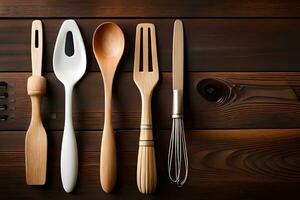 a group of wooden utensils on a wooden table. AI-Generated photo