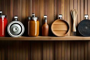 kitchen utensils on wooden shelf. AI-Generated photo