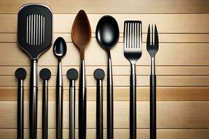a group of different utensils on a wooden table. AI-Generated photo