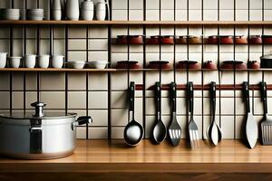 cocina utensilios en un estante en un cocina. generado por ai foto