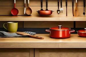 a kitchen with many pots and pans on shelves. AI-Generated photo
