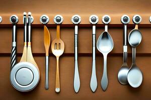 a rack with utensils hanging from it. AI-Generated photo