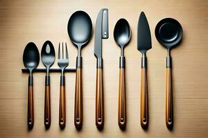 a set of six black and brown utensils. AI-Generated photo