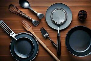 a table with a variety of utensils and plates. AI-Generated photo