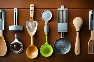 a variety of kitchen utensils are arranged on a table. AI-Generated photo