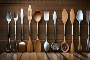 a collection of different utensils on a wooden table. AI-Generated photo