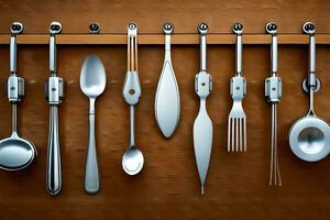 a group of utensils hanging on a wall. AI-Generated photo