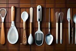 a collection of kitchen utensils on a wooden surface. AI-Generated photo