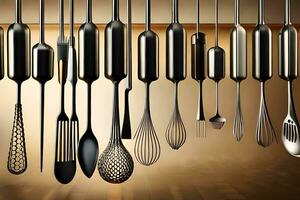 a group of different utensils hanging from a hook. AI-Generated photo