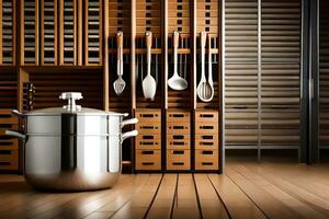 a large pot and a set of utensils in a kitchen. AI-Generated photo