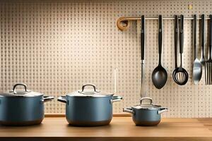 kitchen utensils on a wooden shelf. AI-Generated photo