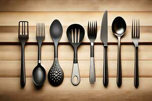 a collection of different utensils on a wooden table. AI-Generated photo