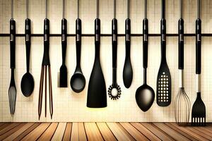 a set of utensils hanging on a wall. AI-Generated photo