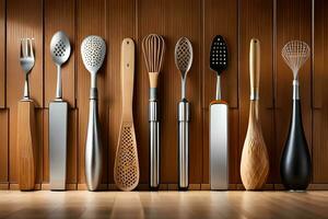 a row of different utensils are lined up against a wall. AI-Generated photo